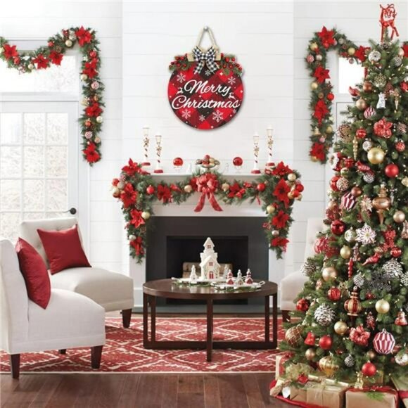 Merry Christmas Decoration Wreath Sign, Buffalo Plaid Welcome Sign - Picture 5 of 7